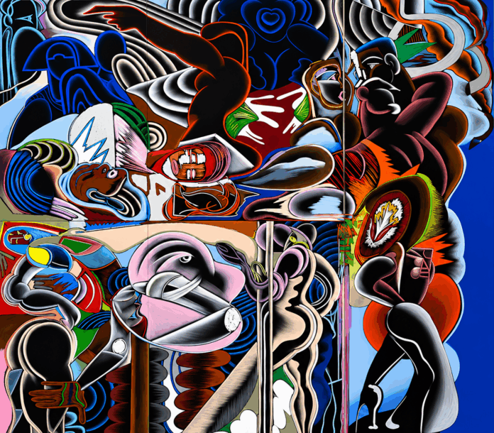 Vibrant Cubist Mural of Interlocking Figures